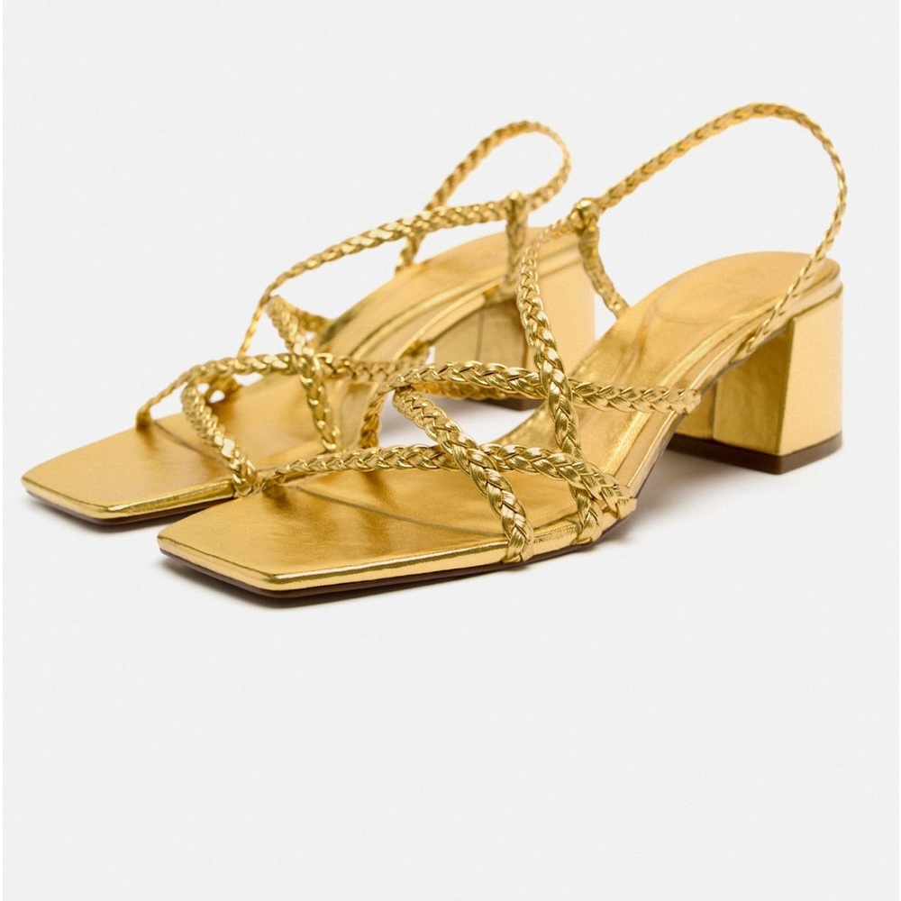 NWT ZARA GOLD WIDE HEELED WOVEN SANDALS SIZE 38